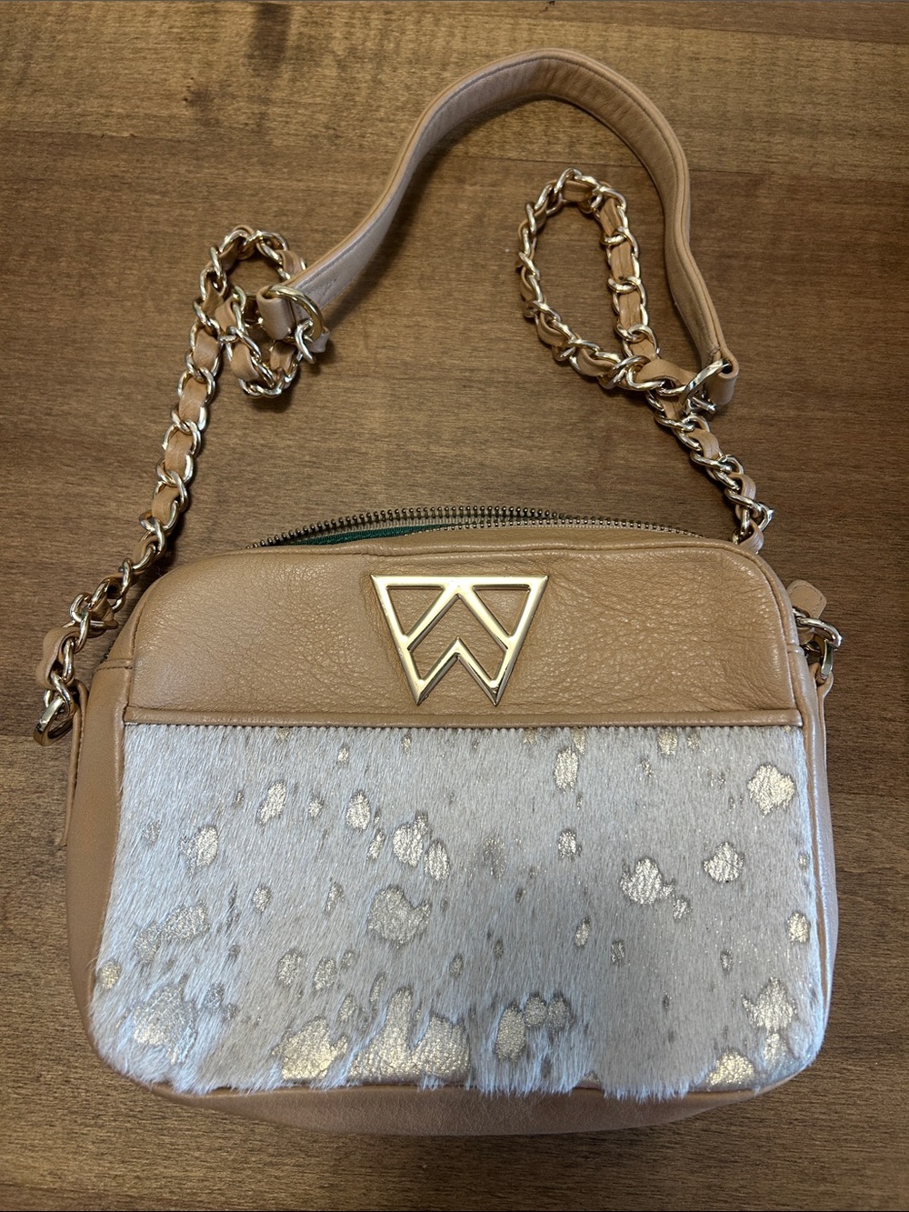 Kelly Wynne Mingle Mingle Mini Cowhide Crossbody Bag Tan Gold